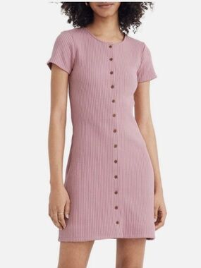 MADEWELL WOMEN'S PINK SHORT SLEEVE BUTTON FRONT RIBBED MINI DRESS